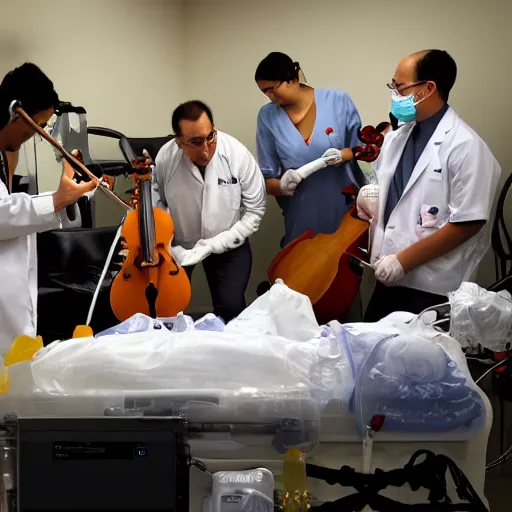 Prompt: doctors playing music with instruments made out of clear tubing, syringes, urine collection bag, iv pole, fluid bag, nebulizer equipment, bag - valve mask, intubation equipment, speculum, defibrillator, coban, flexiseal, picc dressing.