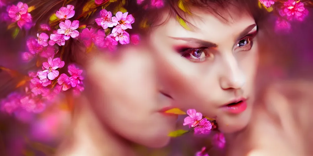 Image similar to photo of a gorgeous elfin female with fluid flowers covering her in the style of stefan kostic, realistic, half body shot, sharp focus, 8 k high definition, insanely detailed, intricate, elegant, art by stanley lau and artgerm, extreme blur cherry blossoms background