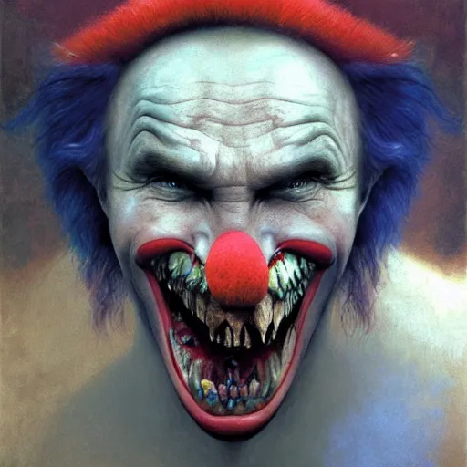 Prompt: vladimir putin, drunk jester, drunk circus performance, wearing clown nose, horror teeth, fantasy 3 d render, masterpiece, by donato giancola and greg rutkowski and wayne barlow and zdzisław beksinski, realistic face