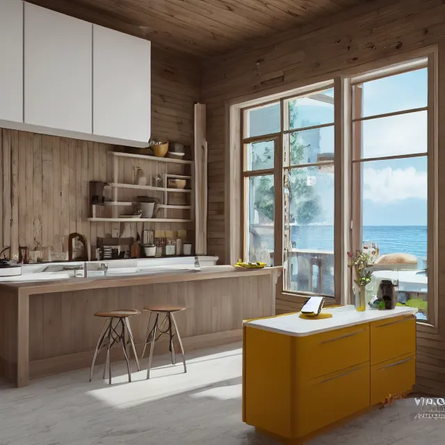 Image similar to kitchen interior in a wooden a frame cabin, yellow cabinets and white walls, vintage fridge, large window in back with ocean scenery, marble countertops, leather couch, realistic, unreal engine render, octane render, hyper realistic, photo, 8 k