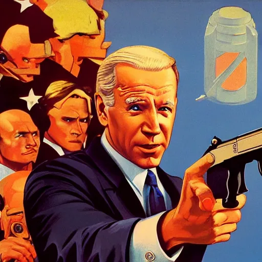 Image similar to propaganda poster of joe biden pointing gun directly at camera in james bond movie, closeup of gun, visible barrel and grip by j. c. leyendecker, bosch, lisa frank, jon mcnaughton, and beksinski