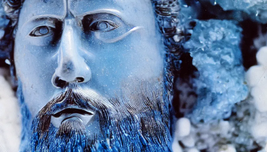 Image similar to 1 9 6 0 s movie still close up of marcus aurelius frozen to death in a blue cape with fur in a river with gravel, pine forests, cinestill 8 0 0 t 3 5 mm, high quality, heavy grain, high detail, texture, dramatic light, anamorphic, hyperrealistic, detailed hair