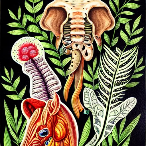 Image similar to animals and plants on a canvas background, high detail, popular on etsy, Illustration, Anatomical Drawing, Painting