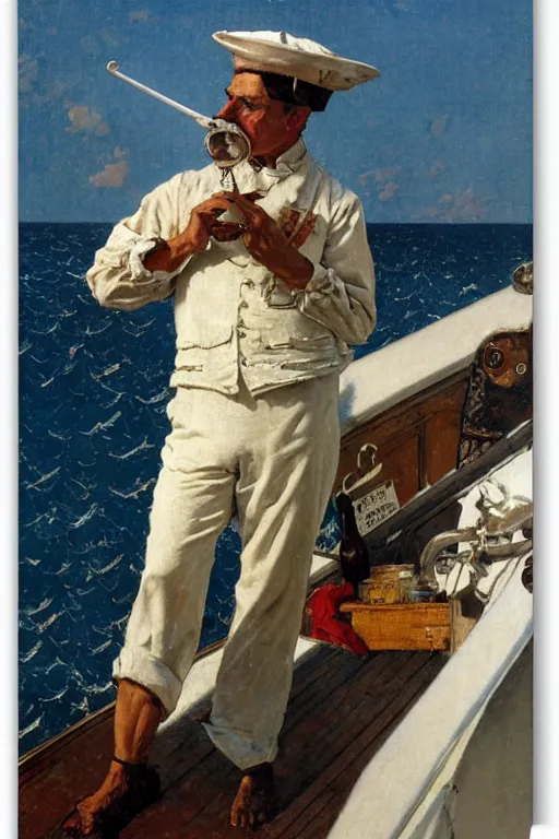 Prompt: body portrait of a french sailor smoking a pipe at sea, colour painting by norman rockwell, guidi prime background by carl spitzweg