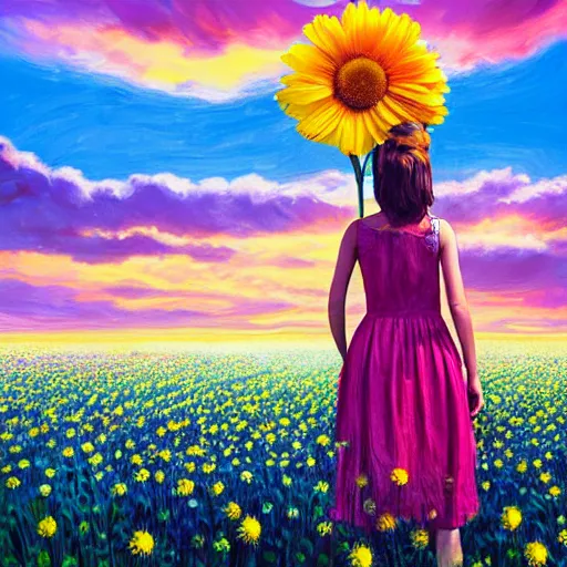 Image similar to full body daisy flower head girl standing in a flower field, her head is hidden behind the huge daisy flower,. surreal photography, sunrise, dramatic light, impressionist painting, colorful clouds, digital painting, artstation, simon stalenhag