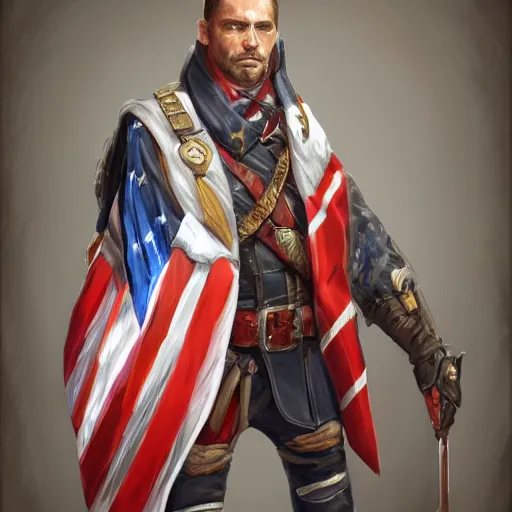 Image similar to portrait of a man in a continental battlecoat with an american flag belt, D&D, fantasy, elegant, hopeful, muscular, highly detailed, digital painting, artstation, concept art, smooth, sharp focus, illustration