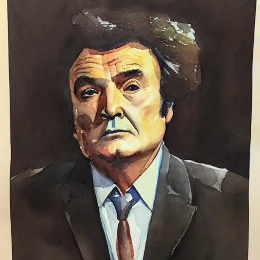 Image similar to watercolor portrait of columbo, highly detailed, centered, duotone