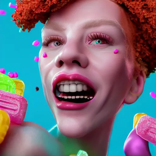 Image similar to portrait of an albino woman eating a lot of candy, unreal engine octane, colorful, hyper detailed, 50mm