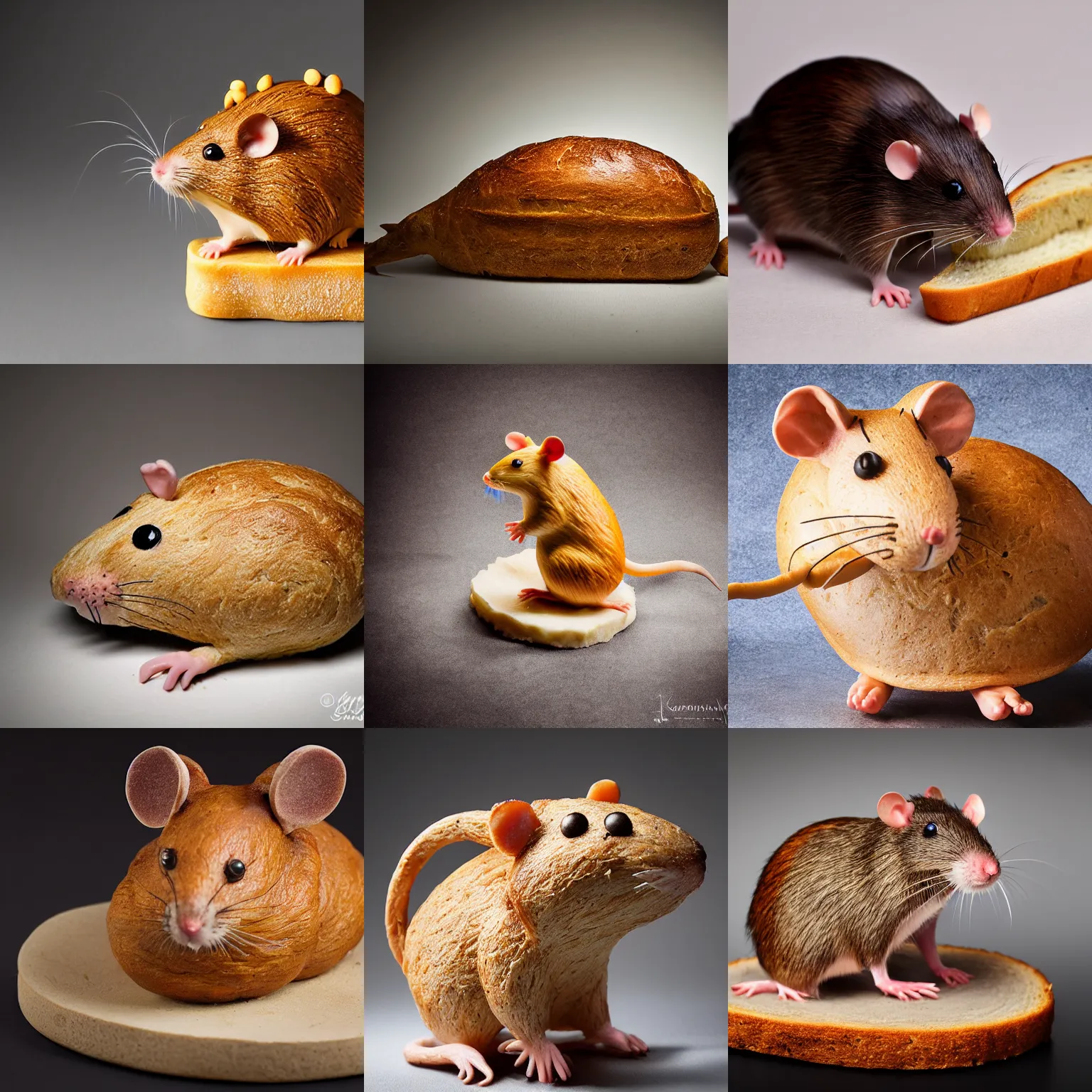 Prompt: a rat!!! sculpture made out of ( ( ( ( bread ) ) ) ), food photography, studio lighting, delicious