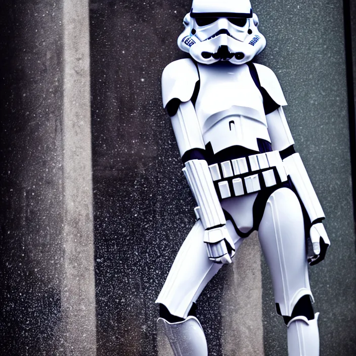 Image similar to fully body pose, photo of a very beautiful!! victoria secret model, stormtrooper helmet, wet hair, raining, 8 k, hdr, smooth, sharp focus, high resolution, award - winning photo, trending on artstation, dslr, 5 0 mm