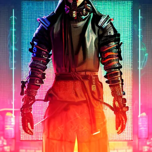 Image similar to cyberpunk samurai, with techware, subject centered in the frame, golden ratio, rule of thirds, volumetric lighting, prismatic neon accents, D&D, intricate, elegant, highly detailed, digital painting, japanese , altered carbon style, trending on artstation, unreal engine 5, octane render, redshift, concept art, art by Artgerm and Greg Rutkowski and Alphonse Mucha