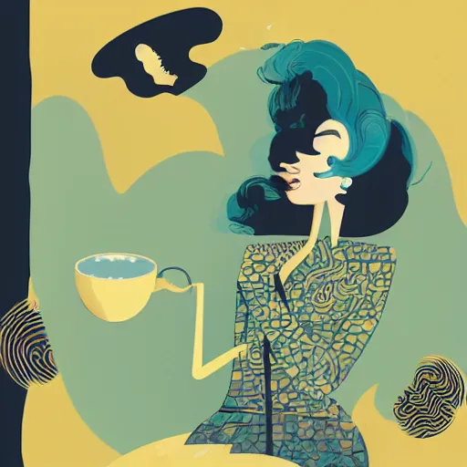 Image similar to illustration of a pretty girl having a cup of coffee, happy feeling, waking up, by malika favre and victo ngai