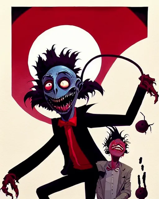 Prompt: beetlejuice doing his thing, by atey ghailan, by greg rutkowski, by greg tocchini, by james gilleard, by joe fenton, by kaethe butcher, red, black, crimson and grey color scheme