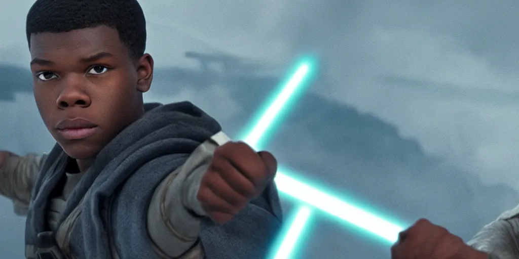 Prompt: Finn, star wars, john boyega as a jedi ultra realistic, 4K, movie still, UHD, sharp, detailed, cinematic, render, modern