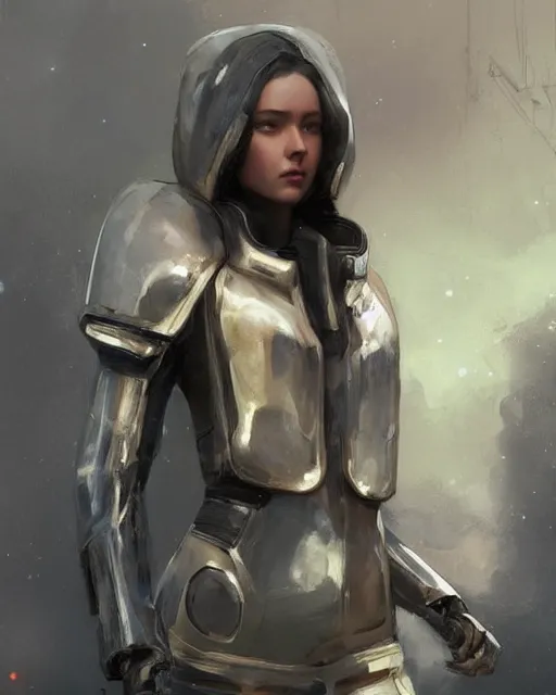 Image similar to girl wearing futuristic space armor walking on a street in prague, official art, by charlie bowater, by jeremy lipking, realistic expressive digital art, gorgeous attractive face, cgscociety