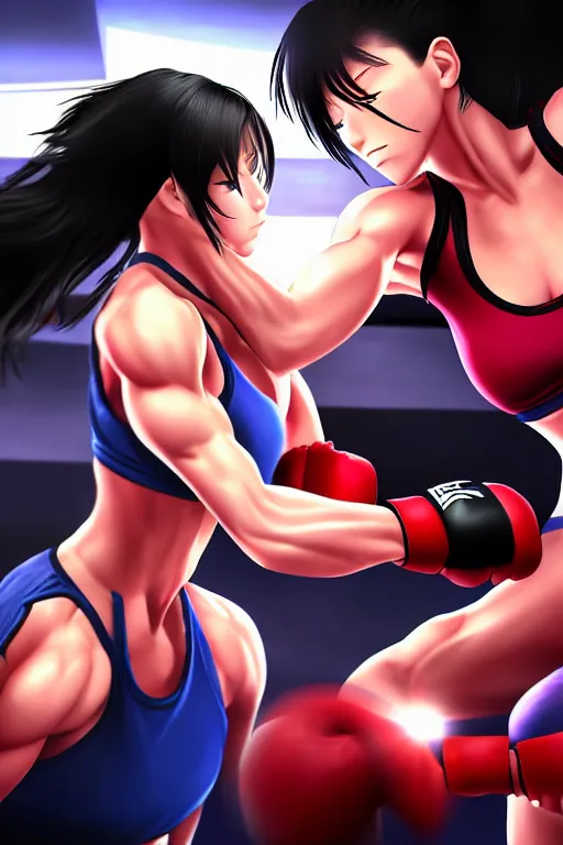 Image similar to two beautiful identical female fighters facing each other in the gym, dimly lit lighting, gorgeous features, high resolution, detailed digital anime art