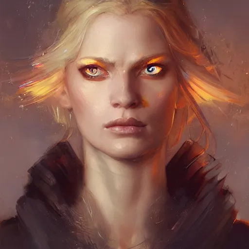 Prompt: A head-on detailed oil portrait of a distinguished elf woman with small cuflhcopper horns, long blonde hair and bright irises, by greg rutkowski, trending on artstation, dungeon and dragons art