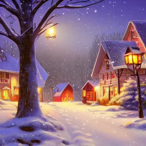 Prompt: town inspired by Evgeny Lushpin,winter,night time,cottages,cinematic,art station