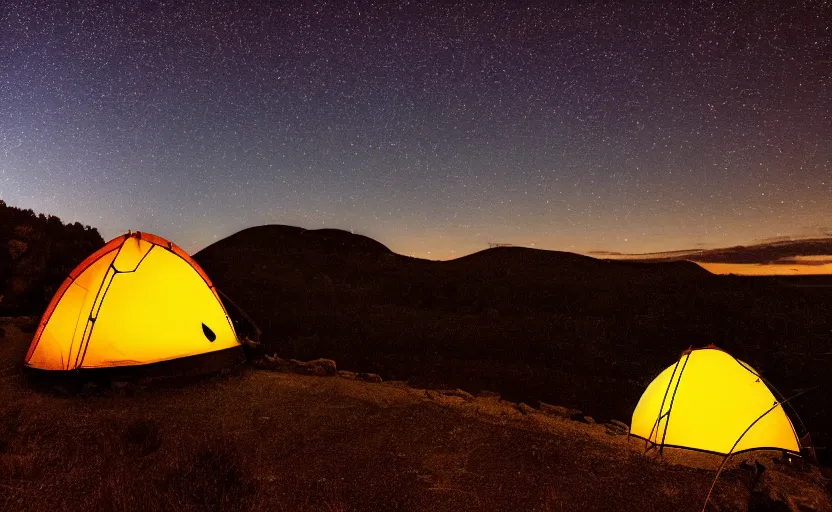 Image similar to night photography of the night sky with stars with a tent and fireplace in foreground