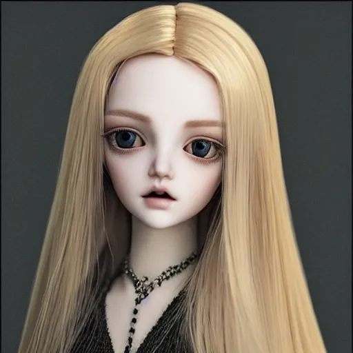 Image similar to Beautiful bjd doll girl head, long shiny hair, intricate detailed, cracked lines repaired with kintsugi, symmetrical face, sharp focus, octane render, high quality, 8k, volumetric lighting, on black background, trending on pinterest