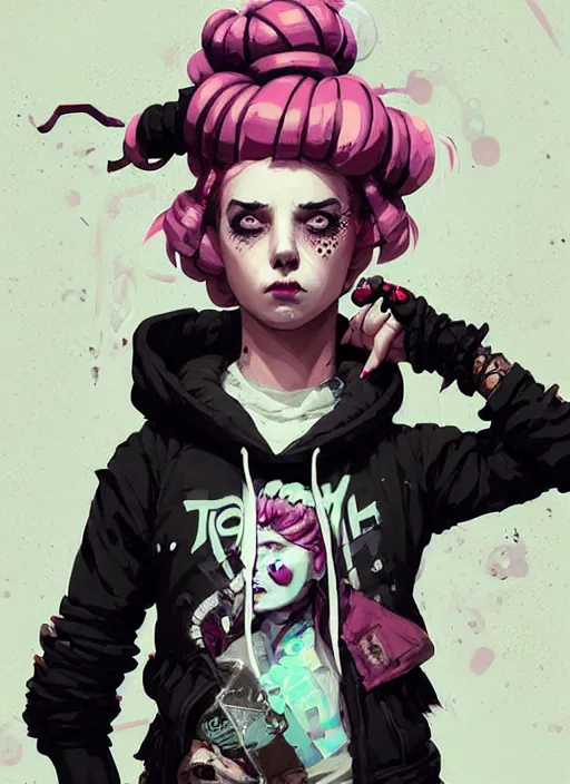 Image similar to highly detailed portrait of a sewer punk lady, tartan hoody, blonde ringlet hair by atey ghailan, by greg rutkowski, by greg tocchini, by james gilleard, by joe fenton, by kaethe butcher, gradient magenta, black, blonde cream and white color scheme, grunge aesthetic!!! ( ( graffiti tag wall background ) )