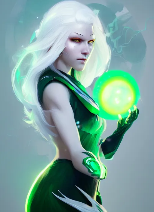 Prompt: a beautiful white - haired girl with green eyes dressed as a superhero, pyromancer, glowing orbs, intricate, elegant, highly detailed, digital painting, artstation, concept art, smooth, sharp focus, illustration, ethereal, misty, by ilya kuvshinov and jeremy mann, 8 k, octane render