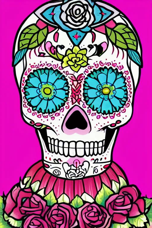 Image similar to illustration of a sugar skull day of the dead girl, art by meow wolf