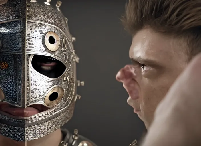 Prompt: A man wearing an armor made entirely out of eyes dueling a man in pyjamas, Very detailed 8k. Fantasy horror. Sharp. Cinematic post-processing