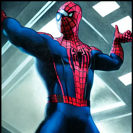 Image similar to ryan reynolds as spider - man, wearing a black and blue suit, cinematic, volumetric lighting, f 8 aperture, cinematic eastman 5 3 8 4 film, photorealistic by greg rutkowski, by stanley artgerm, by alphonse mucha