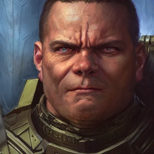 Prompt: the doomguy as a realistic fantasy d & d character, closeup portrait art by donato giancola and greg rutkowski, realistic face, digital art, trending on artstation