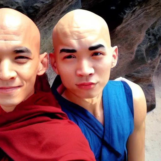 Prompt: a selfie of Aang and Ozai from avatar the last airbender