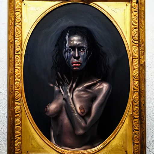 Prompt: palette knife oil painting portrait of a black nightmare in a room, extreme detail, liminal aesthetic, artgerm, deviant art, octane, substance, art history 8 k, by balthus