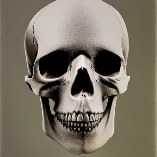 Image similar to A beautiful performance art of a skull that is part organic, part mechanic. It is an accurate representation of how the artist sees the world. by Gottfried Helnwein saturated