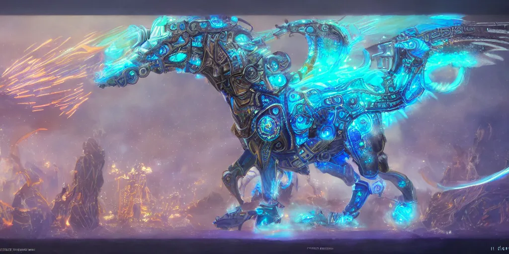 Image similar to cosmic steampunk opal mechanical horse, character design sheet, monster hunter illustrations art book, iridescent, blue flame, neon lights, armored, moebius, greg rutkowski, zabrocki, karlkka, jayison devadas, phuoc quan, trending on artstation, 8 k, ultra wide angle, zenith view, pincushion lens effect.