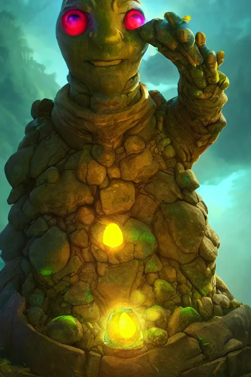 Image similar to arcane fantasy art giant golem elemental wood rock bastion forged gemstone enchanted forest troll, global illumination ray tracing hdr fanart arstation by sung choi and eric pfeiffer and gabriel garza and casper konefal lisa frank zbrush central hardmesh radiating a glowing aura