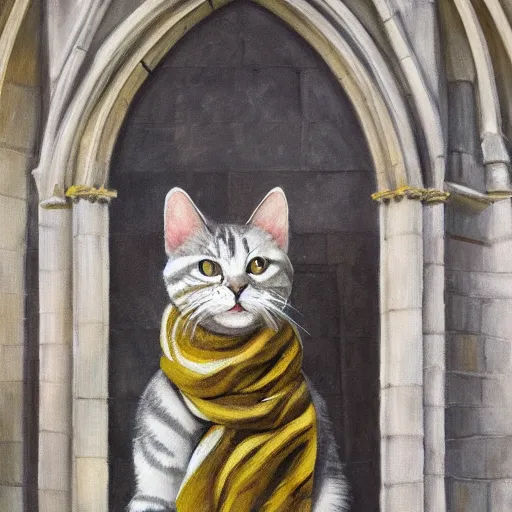 Image similar to oil painting extreme wide shot of a [ white and grey tabby cat ] wearing a [ hufflepuff scarf ], in the gloucester cathedral cloisters