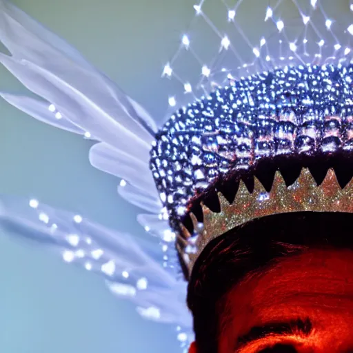 Image similar to Crown made of Bokeh on a head made of light on an angel with wings of fire standing on lava. Photo.