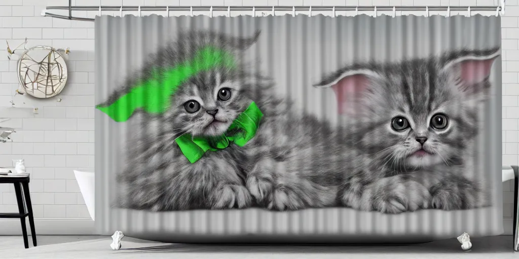 Prompt: a ( ( ( ( ( main coon kitten ) ) ) ) ) baby yoda themed shower curtain, shower curtain. product photography. product lighting. digital art. 4 k, highly detailed. saturated. baby yoda themed shower curtain.