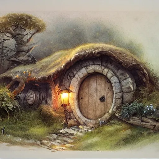 Image similar to hobbit house. muted colors. by Jean-Baptiste Monge style of Jean-Baptiste Monge painted by Jean-Baptiste Monge in art book of Jean-Baptiste Monge,