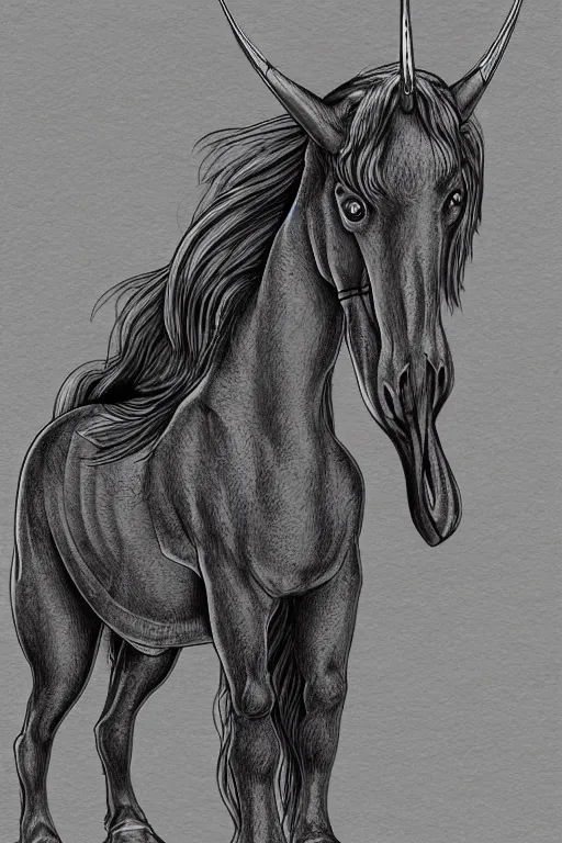 Image similar to horse with a narwhal horn, symmetrical, highly detailed, digital art, sharp focus, trending on art station, kentaro miura manga art style