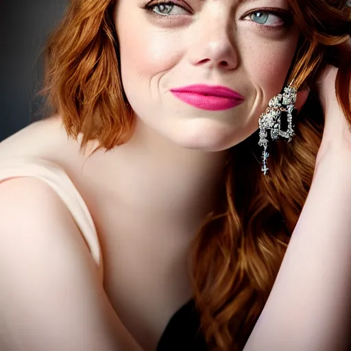 Image similar to emma stone with jewellary crown princess, sensual, beautiful soft light failling on her face, studio photography, nikon 3 5 mm portrait photography, ultra realistic