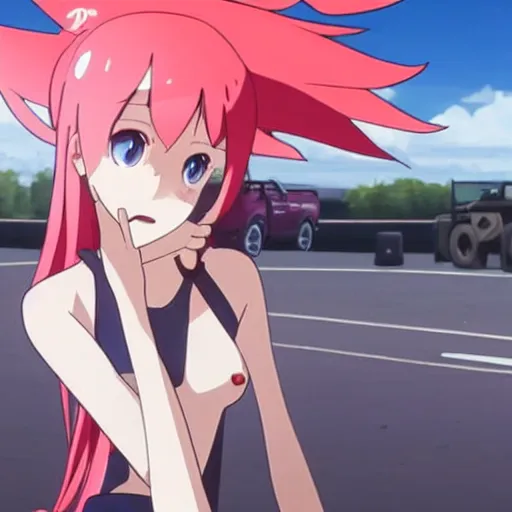 Image similar to zero two from darling in the franxx driving a dodge ram