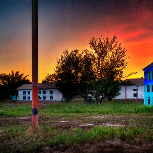 Image similar to an abandonned school at sunset, neon style