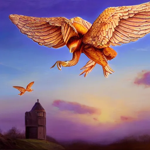 Image similar to a pancake with attached wings, flapping its wings flying in sunset sky, oil on canvas, portrait, intricate, 8k highly professionally detailed, HDR, CGsociety