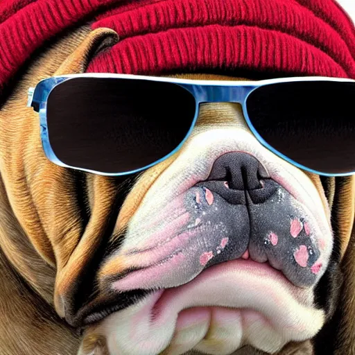 Prompt: close-up of a bulldog wearing a beanie and sunglasses, highly detailed, sharp focus, digital painting, artwork by Victor Adame Minguez + Yuumei + Tom Lovell + Sandro Botticelli