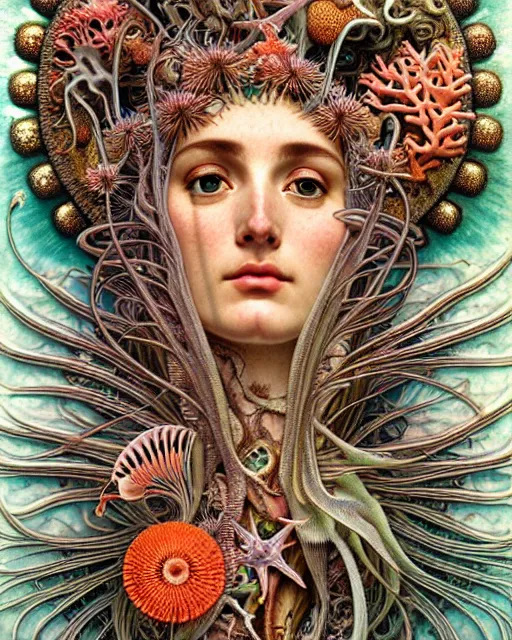 Image similar to hyperrealistic detailed face side portrait of the beautiful goddess of the fish skeletons with an intricate headgear of corals, sea kelp, sea plants, fish, starfish, jellyfish, art by ernst haeckel, john william godward, android jones, alphonso mucha, h. r. giger, gothic - cyberpunk, ornamental, beautiful deep colours,