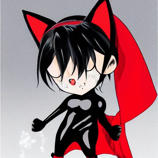 Image similar to little boy with cat ears in an black latex suit with red cape. digital artwork made by kohei horikoshi, inspired by western comic