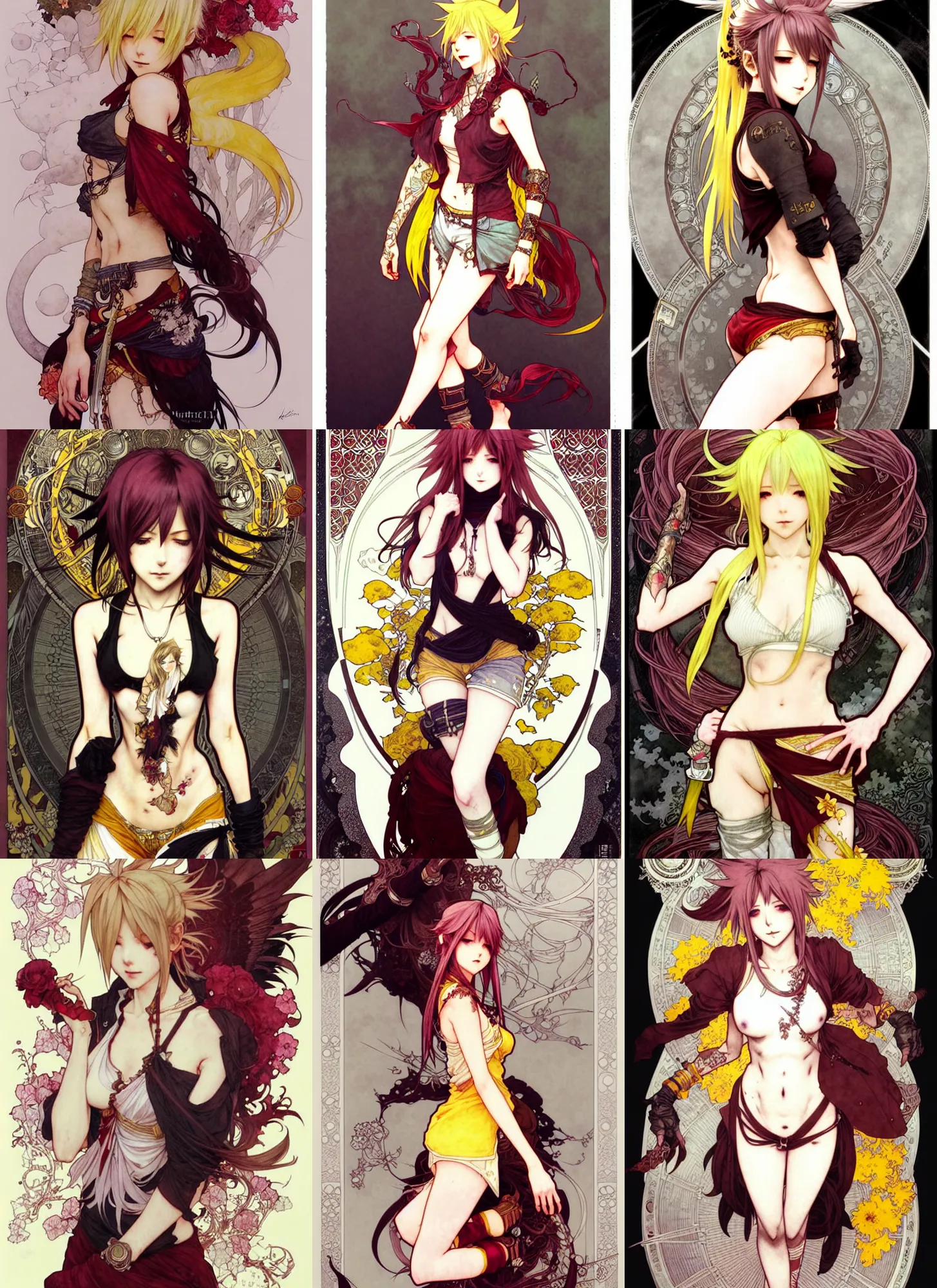 Prompt: highly detailed full body ilustration of rikku from final fantasy, by krenz cushart, by artem demura, by alphonse mucha, by kaethe butcher, gradient maroon, black, silver and yellow color scheme, grunge aesthetic!!! (