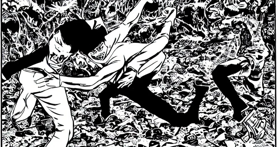 Image similar to conner mcgregor breaking his leg in the style of junji ito, comic, manga, black and white