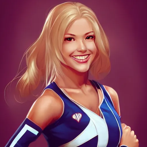 Image similar to very beautiful female cheerleader, smiling, flirty, eye contact, perfect face, perfect body, drawn by artgerm